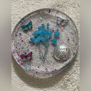 Keepsake Handcrafted Coaster/ Paperweight Blue Dried Flowers & Butterfly Accents